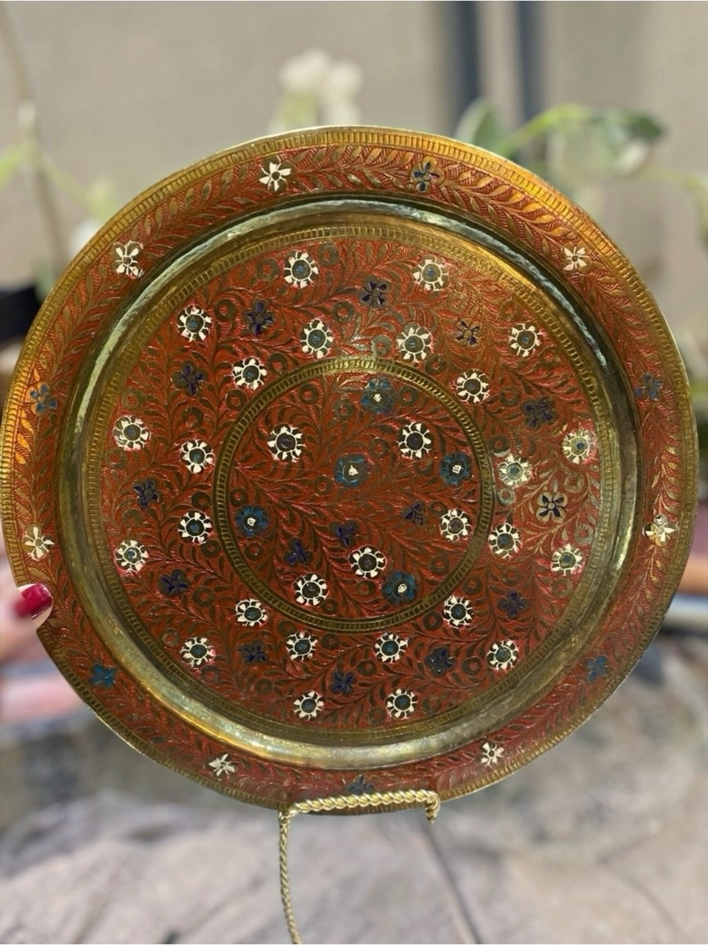 Vintage Solid Brass Enameled Round Tray Floral Home Decor Accent Serving